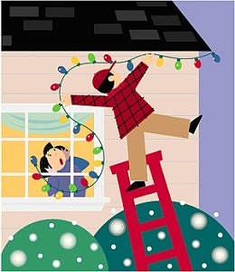 Cartoon parent hanging outdoor lights for the holiday season. Child watching from inside the house is in shock as the parent falls from the ladder.