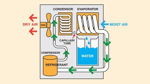 Diagram of a how a dehumidifier works in the context of a house's basement.